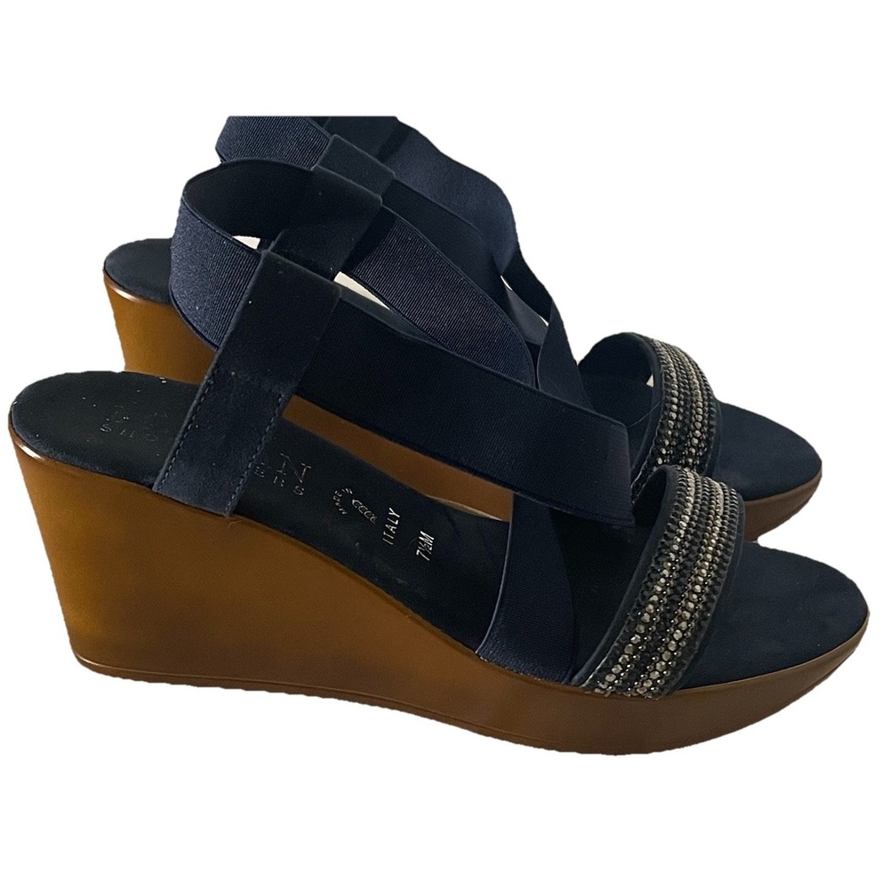 Italian Shoemakers Womens 7.5 Navy Blue Rhinestone Wedge Sandals Slide Italy